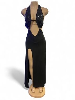 Black Sequin Halter Backless Maxi Dress with High Slit